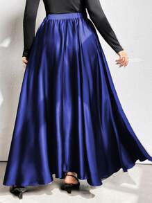 SHEIN Clasi 大码优雅纯色喇叭裙，秋季女式长裙 - 寶藍色 - 查看 2