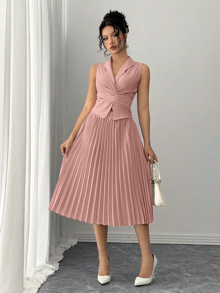 Rafferiza 2 件套女士优雅休闲百搭交叉腰系带领上衣和褶皱松紧腰长裙，无弹力编织面料，杏色，秋冬 - 粉色 - 查看 1