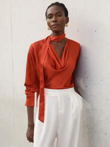 Aveloria High-End Design Vintage Rusty Red Embossed Jacquard Satin Shiny Color Block Ruffle Collar Long Sleeve Elegant Ladies Blouse - Burnt Orange - View 4