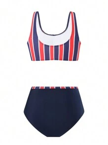SHEIN Swim 2pcs/Set Women Striped Random Print Front Cross Triangle Bikini Swimwear Set