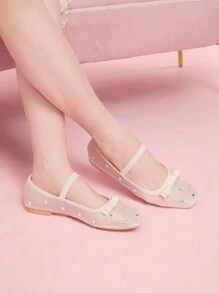 CUCCOO DOLLMOD Fashionable Apricot Color Full Rhinestone Net Mesh Mary Janes Ballet Flats, Cute & Sweet For School/Student Spring Shoes Spring Break Easter - Apricot - View 4