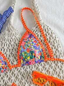 Swim Vcay Springbreak Women Halter Spaghetti Strap Top + High Cut Swimwear 2pcs/Set, Random Print Beach Wear Summer Outfits - Multicolor - View 3