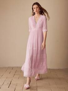 MOTF VESTIDO ESCOTE EN V CON ENCAJE CONTRASTANTE - Rosa Pálido - Ver 2