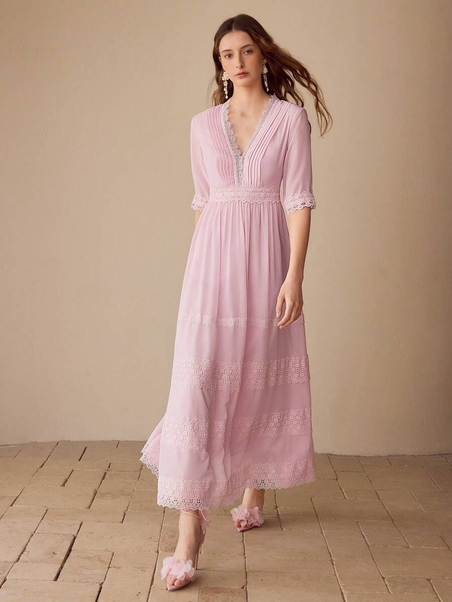 MOTF VESTIDO ESCOTE EN V CON ENCAJE CONTRASTANTE