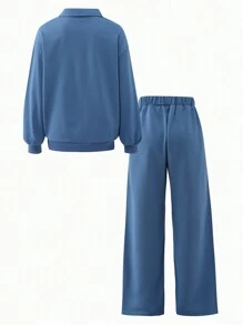 SHEIN 青少年女孩字母印花简约连帽衫和运动裤套装 - 霧霾藍 - 查看 2