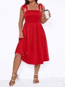 SHEIN Clasi Große Größen Damen Einfarbiges Kleid mit Kunstperle Saum, elegant