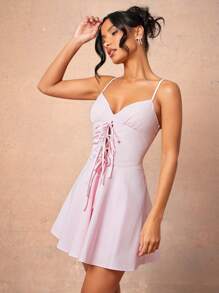 L'Amorae Summer Women Outfit, Women Clothes, Women's Elegant Pink Solid Color Front Tie Casual Slip Bustier Mini Dress, Women Dresses, Party Women Dresses, Summer Women Dresses, Elegant Women Dresses. For Date Night, Concerts, Performances, Parties, Clubs, Party, Music Festivals - Pink - View 3