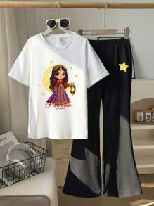 Ensemble t-shirt à col ras-du-cou à manches courtes avec motif de lanterne de Ramadan et pantalon évasé en tricot pour fille préadolescente - Blanc - Voir 1