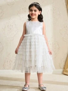 SHEIN Vestido elegante sin mangas de cuello redondo con parches de malla de unicolor para niña joven - Beis - Ver 7
