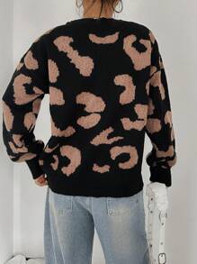 SHEIN EZwear Loose Fit V-Neck Black & Leopard Print Long Sleeve Knitted Cardigan Sweater, Suitable For Autumn/Winter - Multicolor - View 2