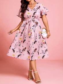 SHEIN Clasi Vestido de manga corta con estampado floral colorido elegante y de talla grande para mujer, ideal para el Día de San Valentín