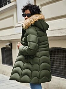 EURMUSE Fuzzy Trim Hooded Puffer Coat - Green - View 2