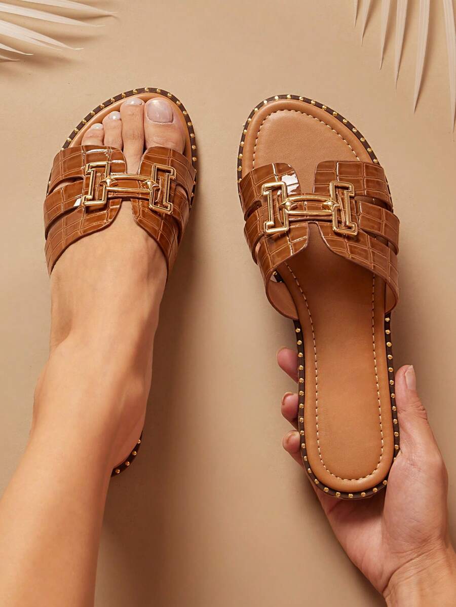 SHUZIA Women's Fashionable Open Toe Brown Slip On Sandals With Gold Embellishments Mother's Day Present Valentine's Day - Brown - View 1