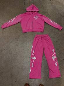 Manfinity Dauomo Men's Front Zip Long Sleeve Hoodie And Pants Casual Suit Sets - Hot Pink - View 1