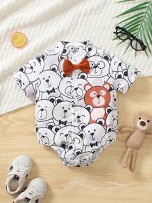 1pc Baby Boy Cartoon Bear Colorful Allover Print Collared Button-Front Short Sleeve , Casual Comfortable Holiday & Street Wear, Bowknot Outfit,Newborn Baby Clothing, Baby Clothes, Baby Bodysuit, Newborn Baby Bodysuit,0M-18M,Summer - White - View 1