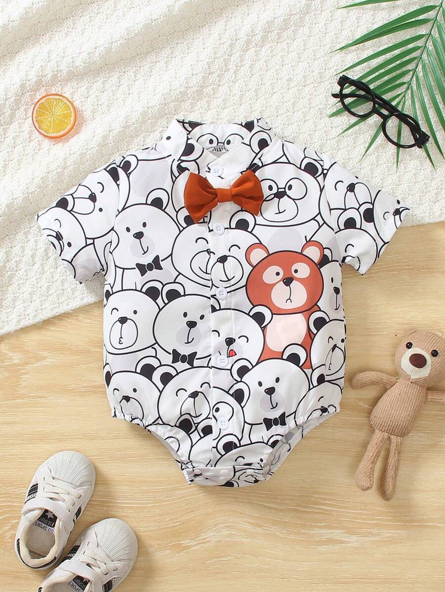 1pc Baby Boy Cartoon Bear Colorful Allover Print Collared Button-Front Short Sleeve , Casual Comfortable Holiday & Street Wear, Bowknot Outfit,Newborn Baby Clothing, Baby Clothes, Baby Bodysuit, Newborn Baby Bodysuit,0M-18M,Summer - White - View 1