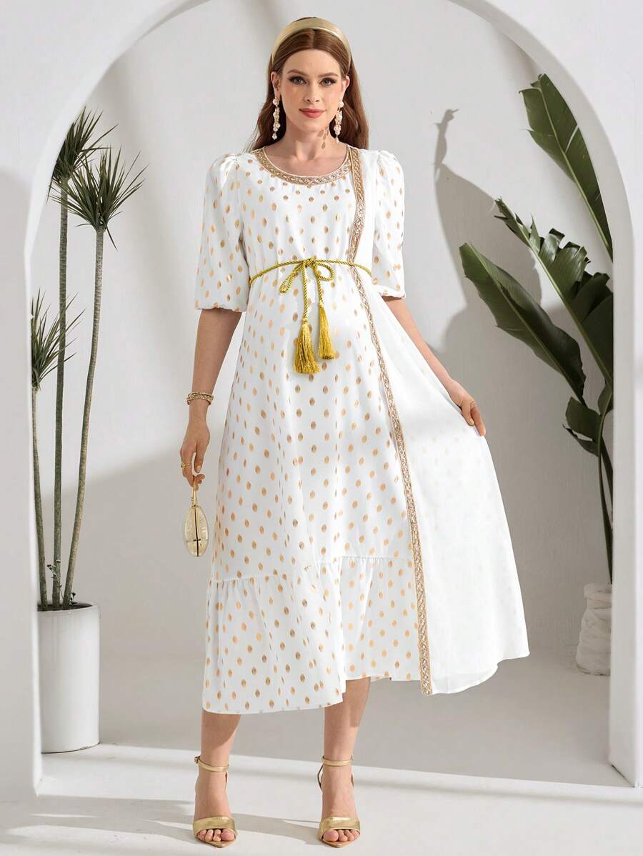 SHEIN فستان كاجوال فستان أم حامل لون نقي معلَّم بالقطع، أكمام قصيرة، مزين بالشراريب - أبيض - مشاهدة 1