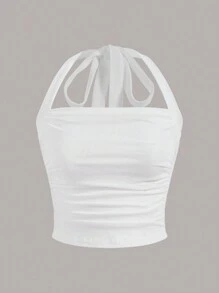 SHEIN EZwear Plus Size Women's Solid Color Pleated Fitted Halter Neck Tank Top - White - View 1