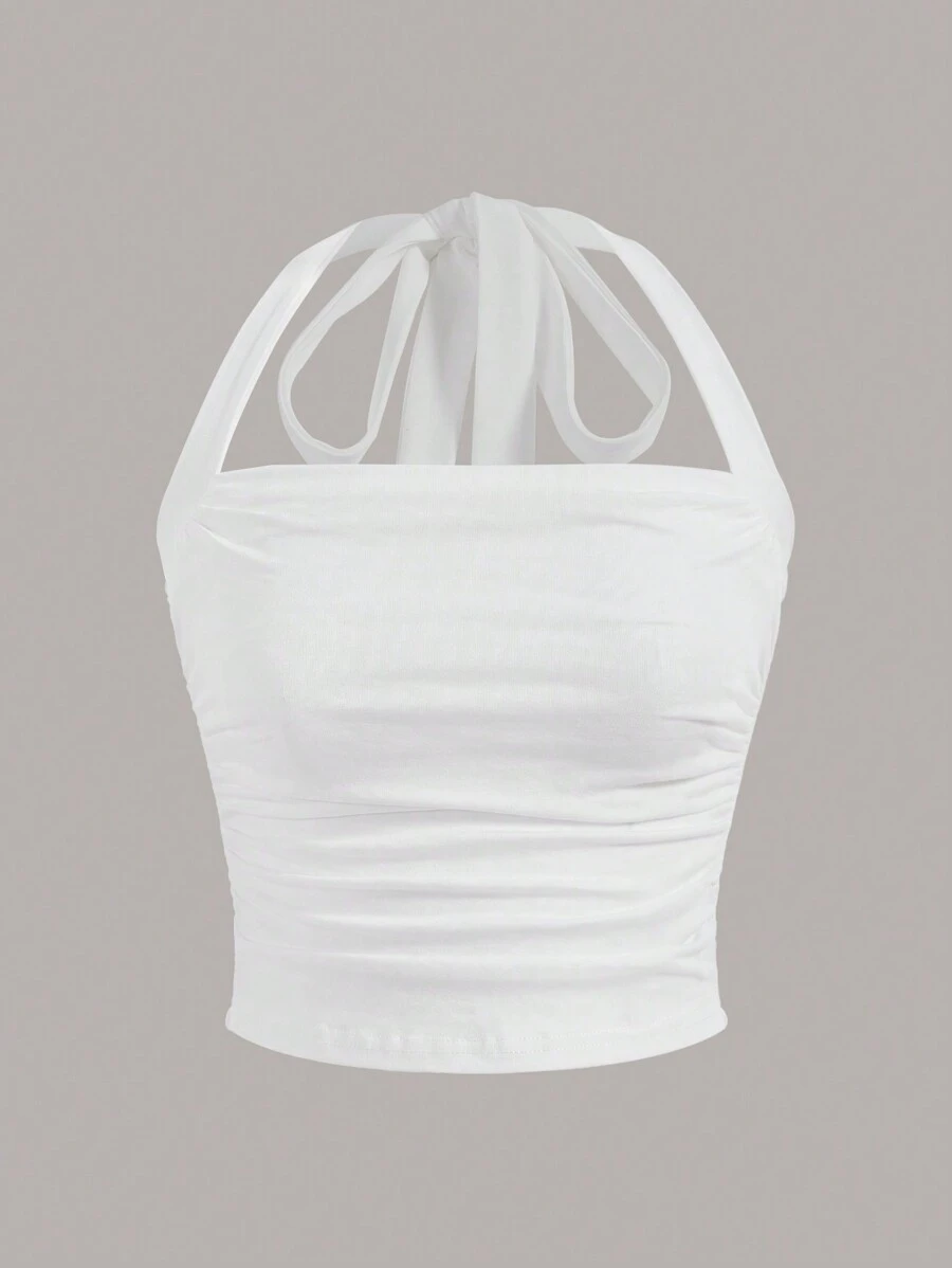SHEIN EZwear Plus Size Women's Solid Color Pleated Fitted Halter Neck Tank Top - White - View 1