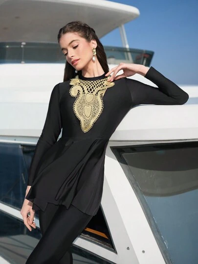 Swim Shayni Women's Gold Hollow Lace Long Sleeve & Long Pants Swimwear, Casual Beach, Pool, Vacation & Party Wear, Spring/Summer Arabic Clothing