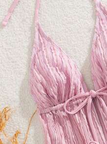 SHEIN Swim Women's Solid Textured Spaghetti Strap Tie Back Bikini Set For Summer Beach Vacation - Pink - View 3