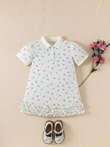 SHEIN Vestido de niña con estampado floral, cuello de punto, mangas abullonadas y dobladillo con volantes, para primavera/otoño
