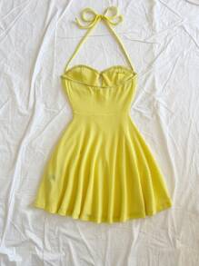 Soleia 性感 V 领露背系带迷你连衣裙，纹理面料，A 字形，适合度假、圣诞节、新年、情人节约会