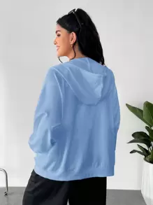 SHEIN EZwear 大码女式海军蓝百搭休闲连帽长袖卫衣，秋冬季 - 藍色 - 查看 2
