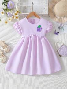 Young Girl Summer Grape Graphic Solid Color Round Neck Puff Sleeve Bubble Hem Dress - Purple - View 3