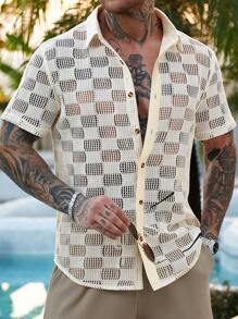 Manfinity RSRT Men's Simple Hollow Front Button Casual Short Sleeve Shirt, Men Summer Beach Shirt - Beige - View 4