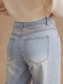 WESTFADE Jeans de mamá de ajuste holgado con bordado de flores de margaritas de primavera de talle medio, Nashville - Azul - Ver 2