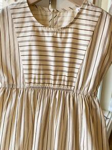 SHEIN 年轻女孩优雅法式棕褐色条纹编织圆领连衣裙，春夏 - 彩色 - 查看 4