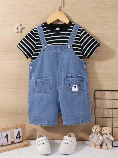 SHEIN Young Boy Round Neck Striped Short Sleeve T-Shirt And Blue Suspender Shorts Set