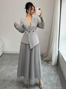 Elenzga Conjunto de blazer y falda de malla de corte regular y elegante para mujer, versátil para el trayecto al trabajo y uso en todas las estaciones. - Gris - Ver 7