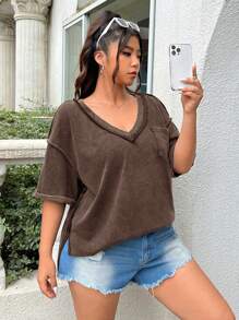 SHEIN EZwear 加大码酸洗外观复古针织做旧宽松短袖 T 恤 - 咖啡棕 - 查看 3