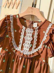 Blossori Young Girls French Elegant Floral Print Dress With Green Leaves, Deep Coffee Color Base, Round Neck, Suitable For Spring And Summer - Multicolor - View 4