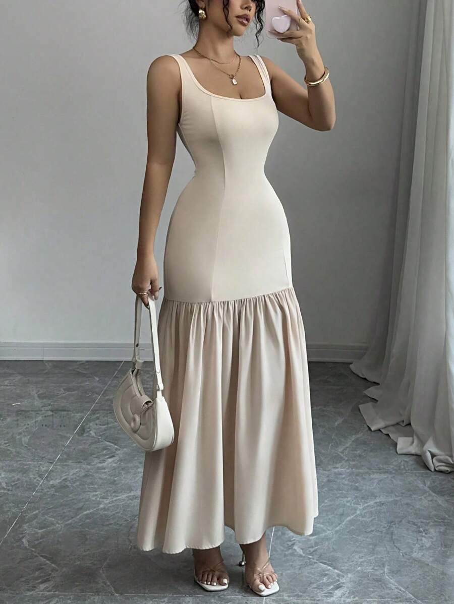 Rafferiza Scoop Neck Sleeveless Ruched Waist Slim Apricot Patchwork Elegant Maxi Dress