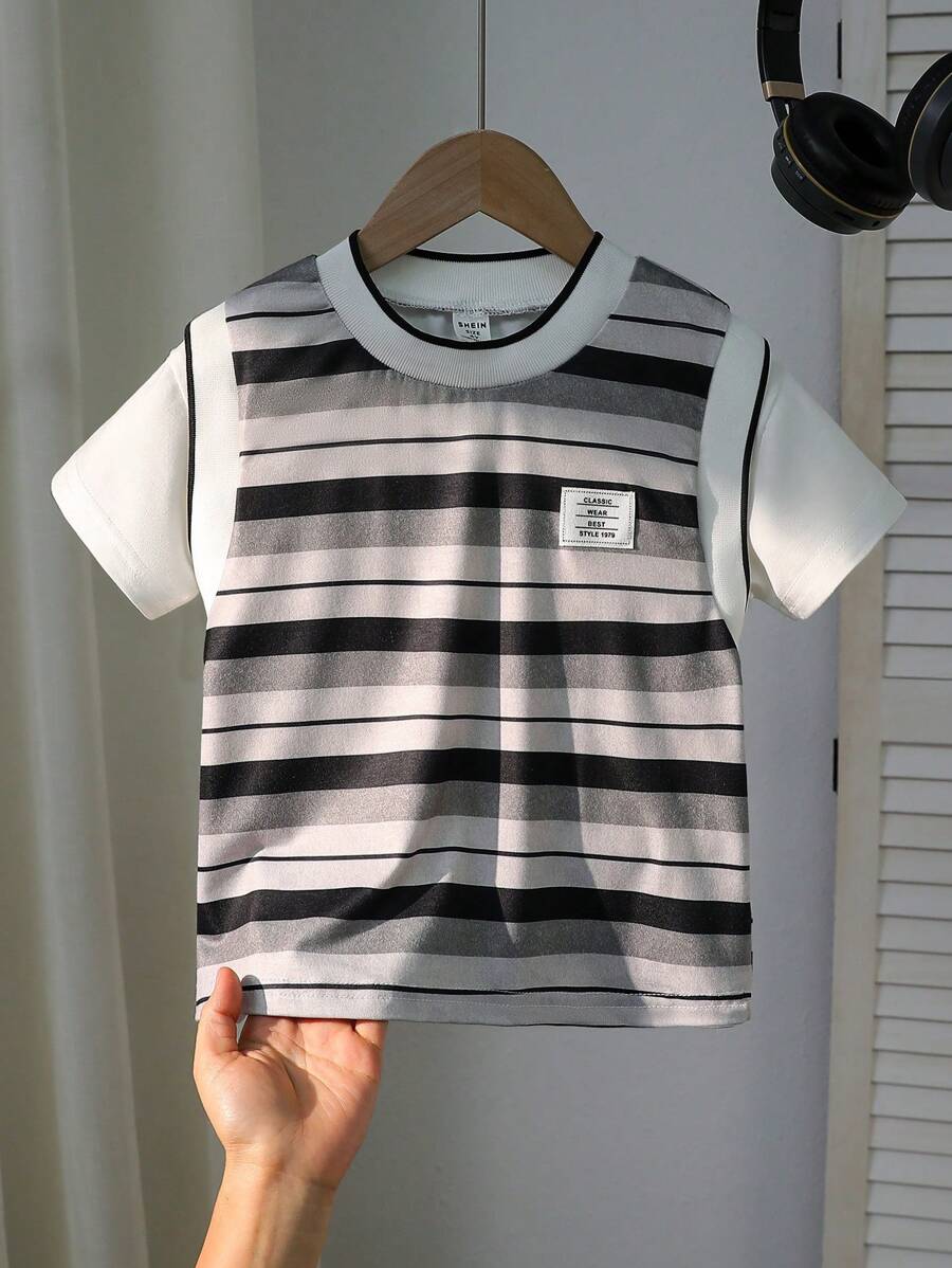 SHEIN Young Boy Summer New Casual Stylish Striped Short Sleeve 2 In 1 T-Shirt