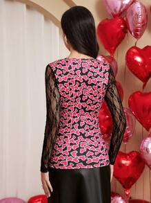 Chiquease Women's Heart Print Contrast Lace Casual T-Shirt - Black - View 2