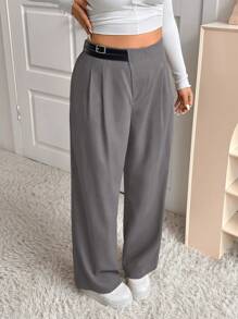 SHEIN EZwear Plus Size Mid-Waisted Drawstring Asymmetrical Waistline Straight-Leg Pants, Autumn/Winter - Grey - View 6