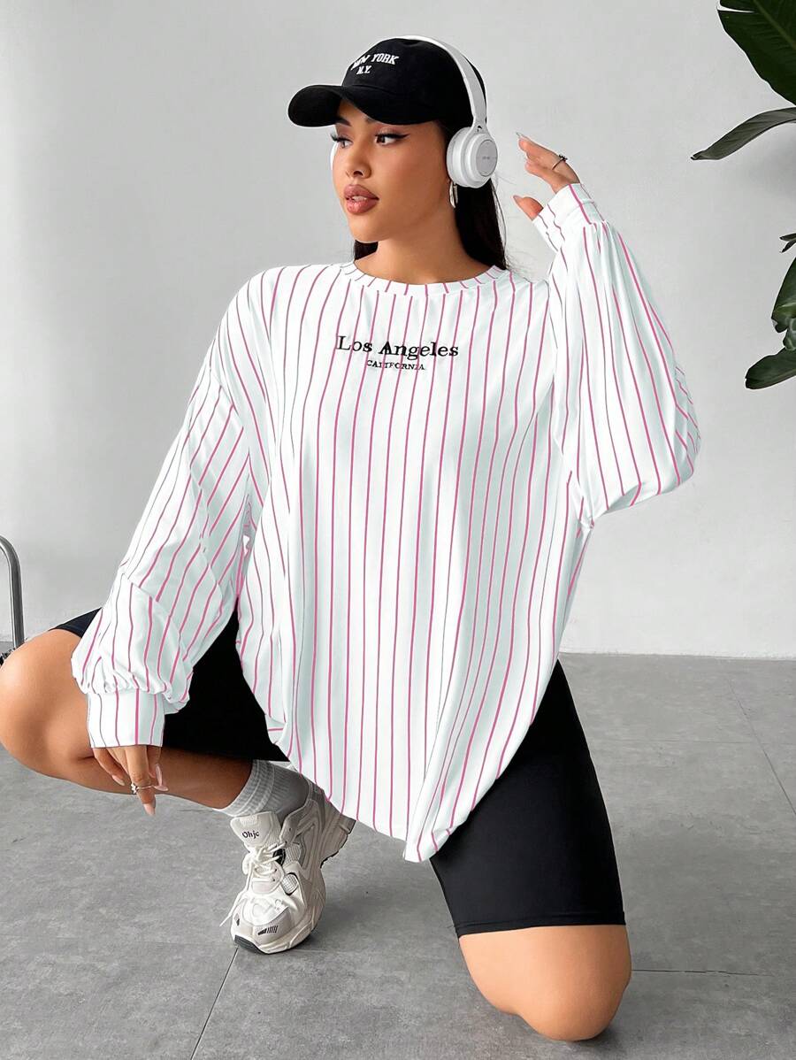 SHEIN EZwear 大码女式休闲图案刺绣条纹圆领长袖宽松长 T 恤，适合夏季、秋季、返校、校园、户外、日常通勤 - 紅白色 - 查看 1