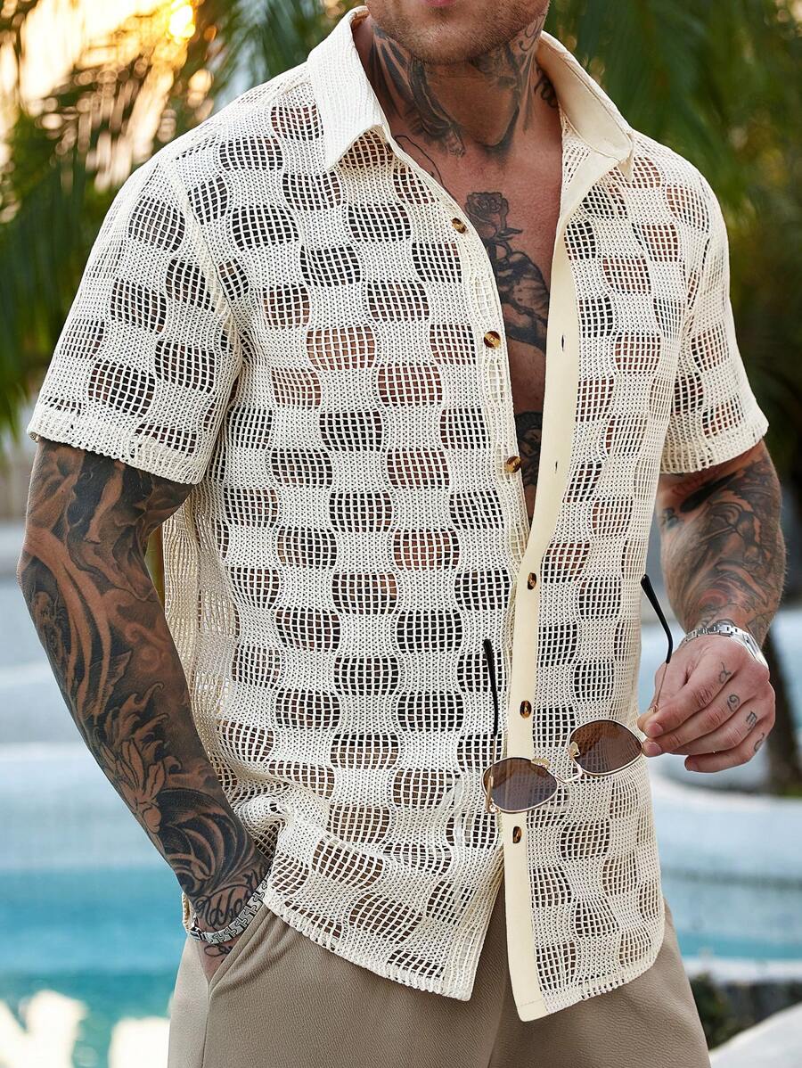 Manfinity RSRT Men's Simple Hollow Front Button Casual Short Sleeve Shirt, Men Summer Beach Shirt - Beige - View 1