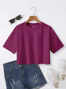 INAWLY Camiseta casual de manga corta y cuello redondo para mujer, recortada y de unicolor para verano - Rojo violeta - Ver 1