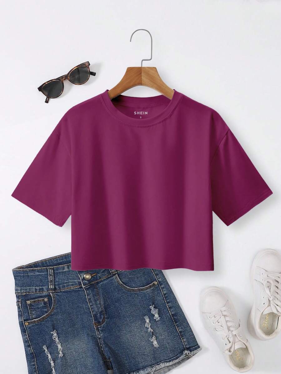 INAWLY Camiseta casual de manga corta y cuello redondo para mujer, recortada y de unicolor para verano - Rojo violeta - Ver 1
