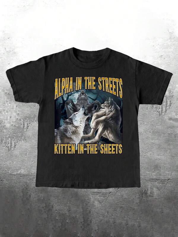 Manfinity Dauomo Men's Regular Fit T-Shirt With Funny Online Meme "The Alpha On The Streets, The Kitten In The Sheets" Wolf Graphic Print