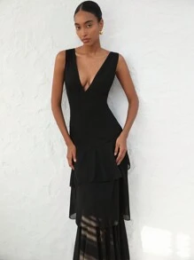 Aveloria Modichic Đầm không tay cổ chữ V sâu, eo nhún, viền bất đối xứng, dáng xòe, phong cách Pháp thanh lịch, thích hợp đi làm và nghỉ dưỡng cho nữ - màu đen - Xem 6