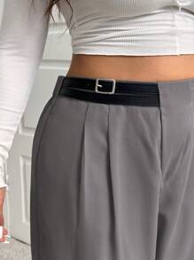 SHEIN EZwear Plus Size Mid-Waisted Drawstring Asymmetrical Waistline Straight-Leg Pants, Autumn/Winter - Grey - View 4