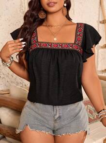 Breezaya Plus Size Women's Black Textured Fabric Square Neck Tie Belt Cap Sleeve Shirt, Vacation Style Suitable For New Year, Music Festival, Valentine's Day, Thanksgiving, Christmas, Halloween, Easter, Carnival And Other Holidays