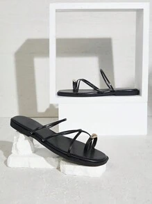 SHUZIA 畅销女式简约系带方头平底金色环头 PU 黑色凉鞋 - 别致、轻便、舒适 - 黑色 - 查看 2