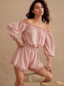 WESTFADE 圆点雪纺蕾丝边露肩长袖短裤连身衣